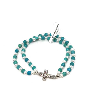 Rhinestone Cross with double strand stretch bead and pearl bracelet