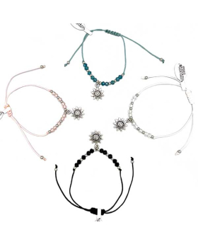 4 Assorted adjustable string Bracelets with faceted beads and Silver Sunflower charm