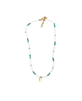 Turquoise and White beaded Necklace with Cowrie shell
