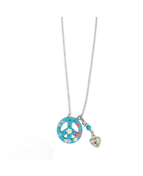 Floral print Peace Sign Necklace with Silver Heart dangle on Silver chain