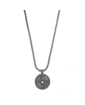Pewter box chain Necklace with Compass design pendant with crystal center
