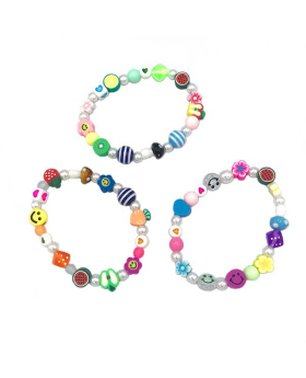 Assorted  fimo beads and Pearls on elastic bracelet