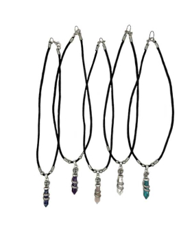 5 Assorted pointy Crystals with silver Cobra wrapped around on black cord Necklace